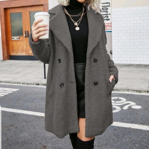 MODA ME COUTURE Jackets & Blazers - Gray Faux fur teddy pea coat contemporary